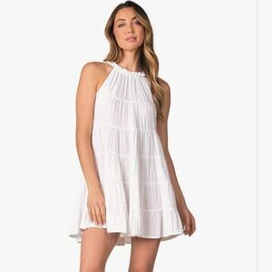 NWT Lulus Women's Trapeze Dress Small White Sleeveless Mini Linen Blend Tie Neck